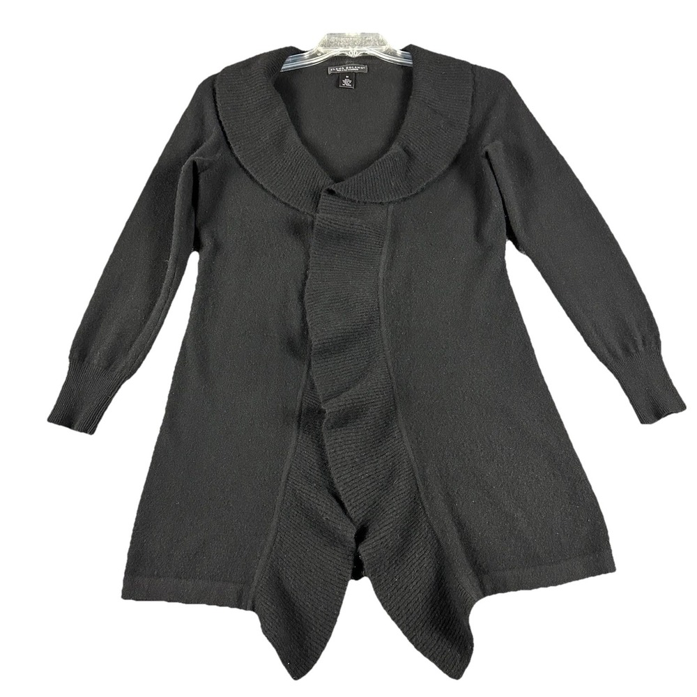 Elena Solano Cashmere Sweater Womens Medium Black Ruffle Cardigan Open Front